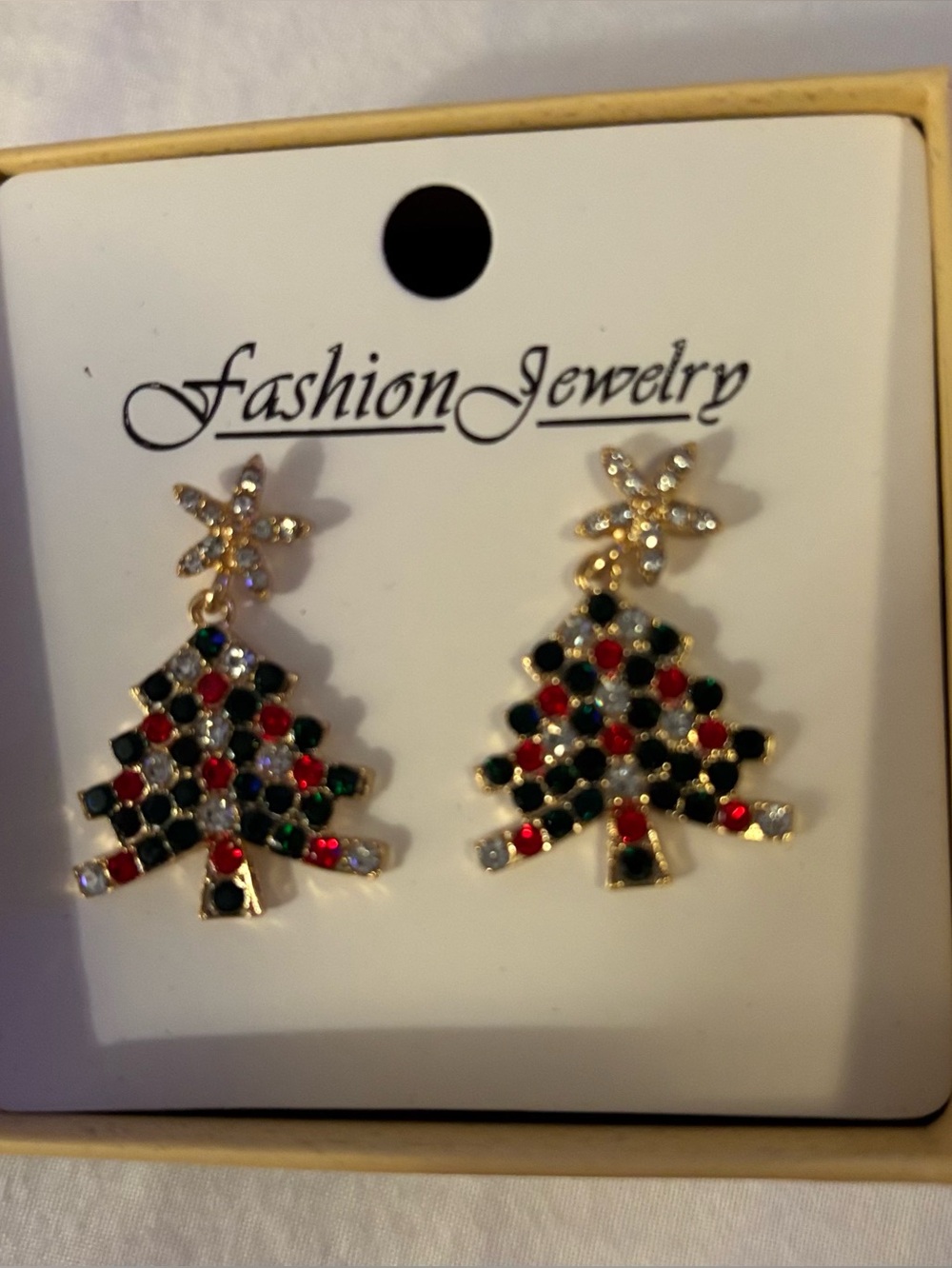 Fashion Jewelry Gold-Tone Christmas Tree Earrings with Red & Green Stones